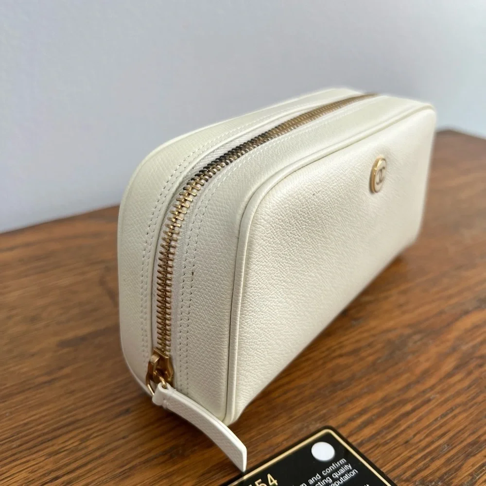 CHANEL Pouch Cosmetic Bag Purse Coco Button Leather Ivory Authentic.